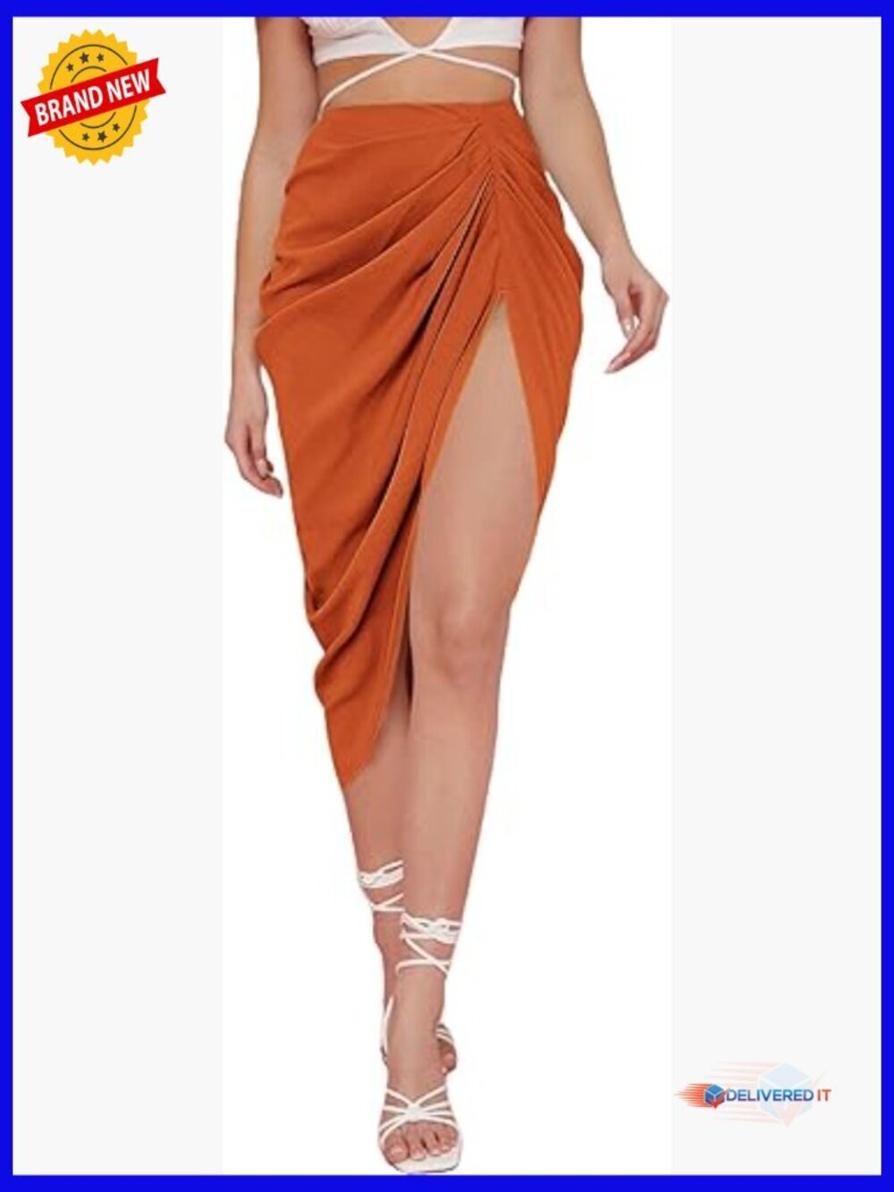 High Waist Ruched Midi Pencil Skirt with Front Split and Zip Back